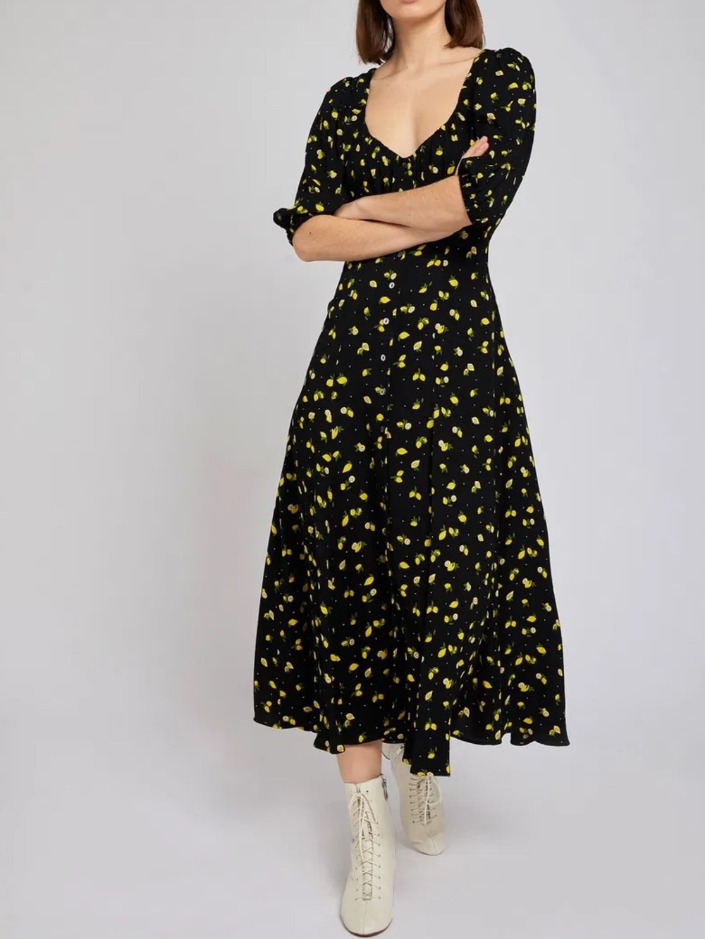 Ghost London Black Dress Lemon Print Button Front 90’s inspired